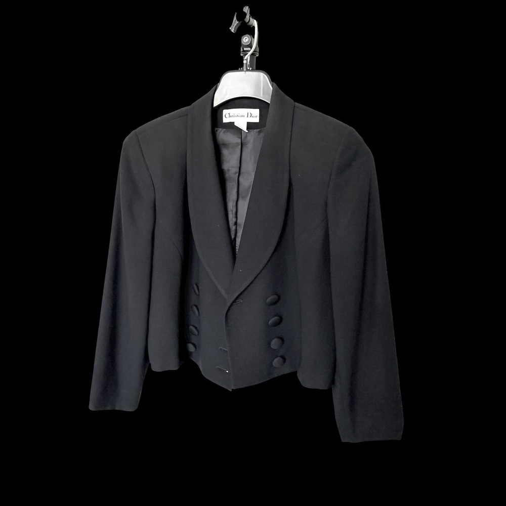 Christian Dior Vintage Womens Black Cropped Shawl Lapel Blazer Jacket USA Made - Picture 1 of 10